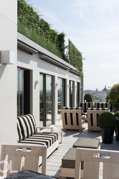 an outdoor seating area with potted plants on the roof terrace and patio furniture set up