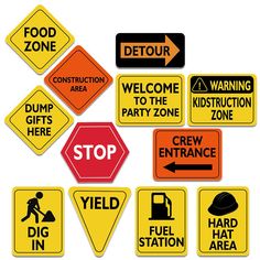 various warning signs are displayed on a white background