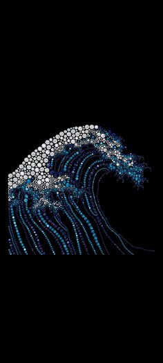 an artistic image of a wave made up of diamonds and blue beads on a black background