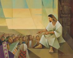 a painting of jesus sitting in front of a group of people with their hands together