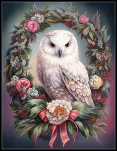 a painting of an owl sitting on top of a wreath with flowers and leaves around it