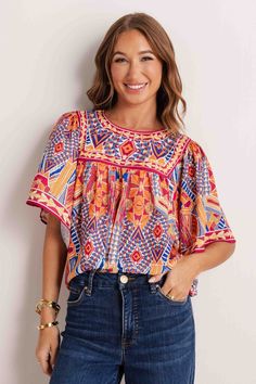 Cute Women's Clothing - Trendy Women's Clothes Casual Beach Blouse With Vibrant Print, Red Colorful Pattern Top For Vacation, Colorful Pattern Red Tops For Beach, Bohemian Tops With Bold Print For Spring, Bohemian Bold Print Top For Spring, Colorful Red Tops For Vacation, Bohemian Top With Bold Print For Spring, Red Tops With Colorful Pattern For Vacation, Red Top With Colorful Pattern For Vacation