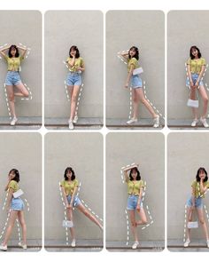 six photos of a woman leaning against a wall with her hands on her hips and wearing high heels