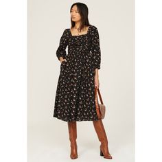 Black floral cotton plain weave (100% Cotton). Lining (100% Cotton). A-line. Long sleeves. Square neck. Side zipper closure. 39" from shoulder to hemline. Imported. Favorite Boots, Ruched Midi Dress, Rent The Runway, Closet Designs, Black Midi Dress, Square Neck, Black Floral, Side Zipper, Madewell