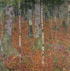 the painting shows many trees with leaves on them