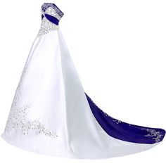 a white and blue wedding gown on display in front of a white background with the dress draped over it