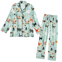 You'll be ready for a long cat nap in these adorable woven, 100% cotton pajamas. The full button-front top has long sleeves and a single breast pocket. The easy-going pants have an elastic drawstring waist and 30" inseam. Machine wash. Imported. S(4-6), M(8-10), L(12-14), XL(14-16), 1X(18-20), 2X(20-22). Cat Pajama, Cat Pyjamas, Cats Pajamas, Adult Onesie Pajamas Cat, Unicorn Print Cotton Sleepwear For Loungewear, Long Cat, Cat Pajamas, Button Front Top, Sleepwear Robe