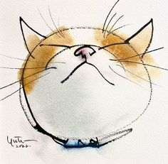 a watercolor drawing of a cat's face with its eyes closed and nose wide open