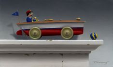 a painting of a boy in a toy boat on top of a mantel shelf