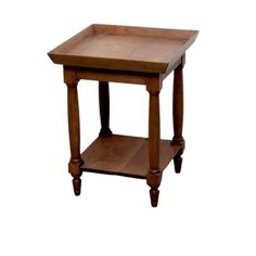 a small wooden table with one shelf on the top and two legs at the bottom