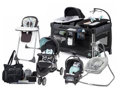 a baby stroller, car seat and diaper caddy are shown in this image