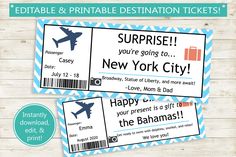 two printable boarding cards for the new york city, with an airplane and luggage tag