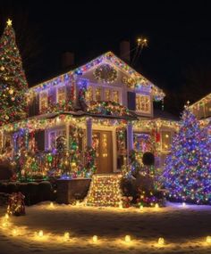 a house covered in christmas lights at night