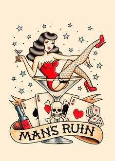 a drawing of a woman in a red dress holding a martini and playing cards with the words man's run on it