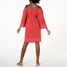 Colleen Lopez Embroidered Off-the-Shoulder Knee-Length Dress   A dress a day keeps the bad vibes away! Stay in a sunny state of mind with the easy on/off-the-shoulder neckline, embroidered trim and flared bell sleeves of this knee-length shift dress. A self-fabric tie belt around the waist adds structure and changes up the look for day-to-night style. Off-shoulder Embroidered Spring Dress, Embroidered Off-shoulder Dress For Vacation, Red Dress With Straight Neckline For Spring, Off-shoulder Cotton Dress For Brunch, Cotton Off-shoulder Dress For Brunch, Red Off-shoulder Dress For Spring, Casual Off-shoulder Red Dress, Casual Red Off-shoulder Dress, Off-shoulder Cotton Beach Dress