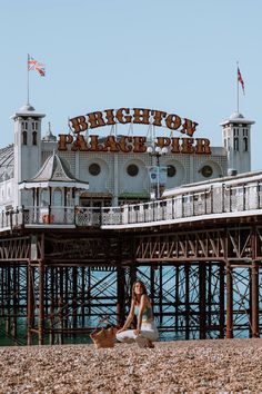 a woman sitting on the beach in front of brighton palace pier with her dog,