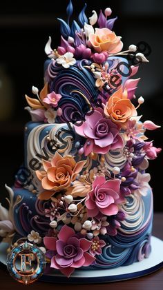 a multi - tiered blue and purple cake with flowers on the top is sitting on a table