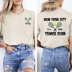 Tennis Custom Shirt, Tennis Gift For Women, Sports Mom Top, Sports Friend T-shirt, Gift For Her, Tennis Mom T-shirts, Tennis Club HOW TO ORDER: 1. Please, Check and Review all Photos. 2. Select Your T-Shirt Style and Size (Crewneck T-shirts are Unisex, V-neck T-shirts are Women size) 3. Choose Your Quantity as much as you want. 4. Click "Add To Cart". For multiple items go back to the listing and repeat the steps. Unisex Crewneck T-Shirts are relaxed fitted. 100% preshrunk ring-spun cotton *Spor Sports Season Graphic Print Short Sleeve Shirt, Short Sleeve Graphic Print Shirt For Sports Season, Basic Sports Tops With Screen Print, Basic Sports Top With Screen Print, Summer Sports Event Shirt With Letter Print, Short Sleeve Shirt With Text Print For Sports Season, Summer Crew Neck Tops For Sports Events, Basic Tops With Letter Print For Sports Season, Crew Neck Tops For Summer Sports Events