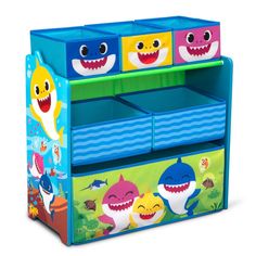 three toy bins with shark faces on the front and bottom, one for children's storage