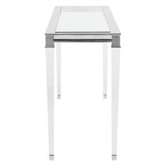 a glass and metal end table with two legs on each side, against a white background