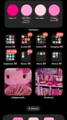 an iphone screen with pink and black images on it, including the text hello kitty