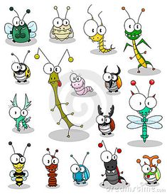 cartoon bugs and insects with different expressions