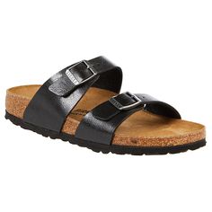 Birkenstock Sydney Birko-Flor Sandal - Licorice  Slide into the Sydney and show your feet some love. The classic Birkenstock contoured cork footbed supports the arches and cradles the heel for all-day comfort. Classic Black Footbed Sandals For Beach, Black Cork Footbed Sandals With Round Toe, Classic Footbed Sandals With Cork-bed Midsoles And Round Toe, Black Cork Sandals With Buckle Closure, Black Cork Sandals With Leather Footbed, Black Cork Footbed Sandals For Summer, Summer Black Cork Footbed Sandals, Birkenstock Sydney, Birkenstock Colors