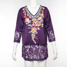 Women's Blouse Top Embroidery Floral V-Neck Lace Patchwork Ladies Blouse Bohemian V-neck Blouse With Embroidered Hem, Summer V-neck Top With Geometric Embroidery, Multicolor Floral Embroidered V-neck Top, Bohemian V-neck Blouse With Multicolor Embroidery, Summer Floral Embroidered Long Sleeve Lace Top, Summer Long Sleeve Lace Top With Floral Embroidery, Summer Embroidered V-neck Top, Spring V-neck Tunic With Embroidered Neckline, Embroidered V-neck Top For Summer