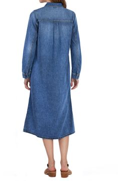 A versatile denim shirtdress in a midi silhouette lends casual charm to your style with welt pockets and flowy slits at the hemline. 45 1/2" to 46 1/2" length (size Small) Front button closure Spread collar Long sleeves with button cuffs Front welt pockets 100% cotton Machine wash, tumble dry Imported Denim Midi Dress With Relaxed Fit, Daywear Denim Dress With Pockets, Relaxed Fit Denim Midi Dress, Denim Midi Dress With Pockets For Work, Casual Denim Midi Dress For Work, Denim Dress With Pockets For Daywear, Denim Midi Dress With Pockets For Daywear, Denim Blue Dress With Pockets For Daywear, Midi Denim Dress With Pockets For Daywear