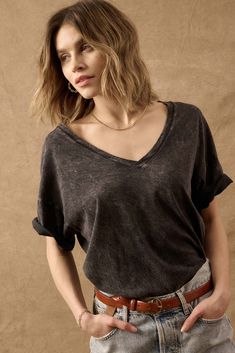 Solid, mineral washed t-shirt. Wide, deep V neckline. Short sleeves. Drop shoulder. Loose, oversized fit. 100% Cotton. Imported. Designed in LA. Model wears size S. Big Mood, V Neckline, V Neck Tee, Deep V, Oversized Fits, Drop Shoulder, Short Sleeves, V Neck, T Shirt