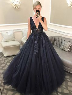 Black A-line V Neck Tulle Open Back Appliques Lace Long Prom Dresses-BIZTUNNEL Formal Dress Graduation, Black Prom Dresses Long, Prom Dresses Long Black, Black Ball Gown, Long Prom Gowns, Lace Prom Dress, Prom Dresses Modest, Black Prom, Black Prom Dresses