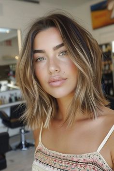 Woman with shoulder-length, wavy blonde hair in a chic salon setting. Shoulder Length Hair Ash Brown, Balayage Lob Hair, Short Hair Center Part, Long Bob Haircut 2024 Trends, Collarbone Length Hair Straight, Collar Bone Haircut, Textured Lob Haircut Mid Length, Collarbone Length Haircut, Collarbone Haircut