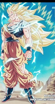 the dragon ball character is in action with his hair blowing up and lightning coming from behind him