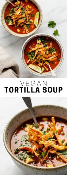 two bowls of vegan tortilla soup on a white marble countertop with text overlay that reads, vegan tortilla soup