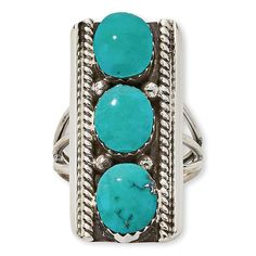 Chaco Canyon Sterling Silver Campitos Turquoise Rectangular Ring Handcrafted by Native American artisans, this rectangular-shaped sterling silver ring features three, brilliant blue turquoise stones set into a detailed, Southwestern-style design.       Approx. 1-3/16"L x 9/16"W x 3/16"H; shank 1/8"W     Stamped .925     Sterling silver ring has vertical, rectangular table with three oval blue turquoise stones in center     Rope texture and bead accents     Tri-split shoulders taper to underside Southwest Jewelry, Color Bands, Southwestern Style, Jewelry Show, Stone Settings, Turquoise Stone, Turquoise Jewelry, Things To Buy, 925 Sterling Silver Ring