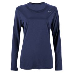 Nike Women's Legend Long Sleeve Poly T-Shirt. Train with the Swoosh and feel the difference. Dri-FIT training top looks like a tee but performs like a training jersey. Lightweight, moisture wicking training top with screened Nike logo. 100% polyester. Nike Dri-fit T-shirt For Running, Dri-fit Crew Neck Top For Sports Season, Nike Functional Breathable Tops, Functional Breathable Nike Tops, Functional Nike Breathable Tops, Nike Functional Sports Tops, Nike Functional Tops For Sports Events, Nike Breathable Training Tops, Nike Athleisure Training T-shirt