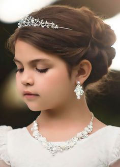 Fit for the princess and brides alike, this necklace and earring set is stunning! Hypoallergenic posts. Princess Style Gold Jewelry For Party, Princess Style Silver Jewelry Gift, Elegant Jewelry For First Communion, Princess Style Cubic Zirconia Wedding Jewelry, Dog Size Chart, Necklace And Earring Set, Shoe Size Chart, The Princess, Necklace Earring Set