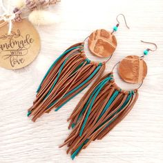 Genuine leather hoop fringe earrings gift for women feather tassel hand made craft unique jewelry western brown blue long dangle earrings Diy Leather Feather Earrings, Suede Earrings, Suede Jewelry, Jewelry Western, Diy Leather Earrings, Leather Jewelry Diy, Western Brown, Leather Jewellery, Unique Jewelry Gifts