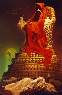 a painting of a woman sitting on top of a golden statue with skulls around her