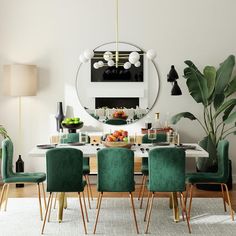 a dining room table with green chairs and a mirror on the wall above it,