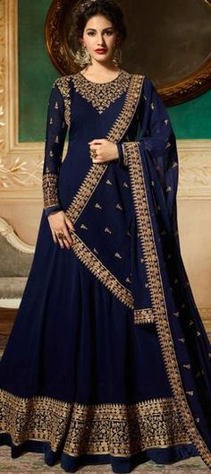 Blue color Salwar Kameez in Georgette fabric with Embroidered, Thread, Zari work अनारकली सूट, Green Anarkali Suits, Orang India, डिजाइनर कपड़े, Georgette Anarkali Suits, Green Anarkali, Floor Length Anarkali, Designer Anarkali Suits, Gown Suit