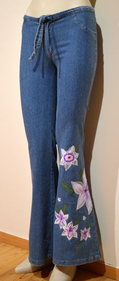 Fitted Pink Denim Flare Jeans, Fitted Pink Flare Denim Jeans, Pink Flare Denim Jeans, Pink Flare Denim Bottoms, Hand Painted Blue Jeans For Spring, Artistic Hand Painted Bottoms For Spring, Artistic Cotton Bottoms For Spring, Casual Hand Painted Blue Bottoms, Hand Painted Straight Leg Jeans For Spring