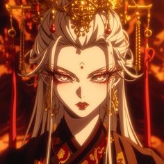 an anime character with long white hair and blue eyes, wearing gold jewelry on her head