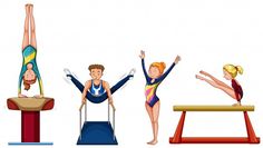 three people doing different things on the balance bars and gymnastics rings, while one person is standing on a bench