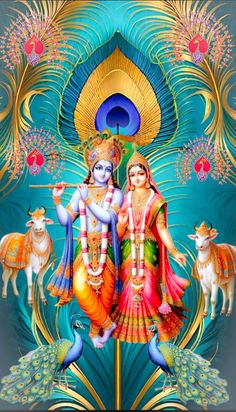 the god and goddess are depicted in this colorful art work, which depicts peacocks