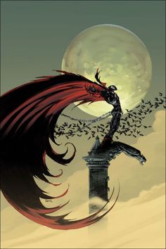 a poster with an image of a demon on top of a clock tower and birds flying around