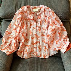 Size Medium. Preowned. Button Down Blouse With Lobster Print. Pink And Red. Measures Approximately 23 Inches Armpit To Armpit Laying Flat. 22 Inches Length Approximately. Billowing Sleeves. Lobster Shirt, Lobster Print, Fruit Print, Print Pink, Pink And Red, Button Down Blouse, Print Top, Print Tops, Button Downs