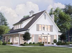 this is a computer rendering of the front elevation of a farmhouse style home with large windows and lots of greenery