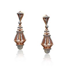 Alternating Striped 18K Rose Gold Diamond Hanging Earrings Luxury Rose Gold Diamond Earrings, Dazzling Rose Gold Diamond Bridal Earrings, Rose Gold Brilliant Cut Drop Earrings, Rose Gold Brilliant Cut Dangle Earrings, Rose Gold Dangle Earrings With Brilliant Cut, Luxury Rose Gold Bridal Earrings For Formal Occasion, Luxury Rose Gold Bridal Earrings For Formal Events, Elegant Rose Gold Earrings With Single Cut Diamonds, Luxury Rose Gold Earrings With Rose Cut Diamonds