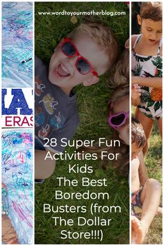 two kids laying on the grass with text overlay that reads 28 super fun activities for the best boredom buster from the dollar store